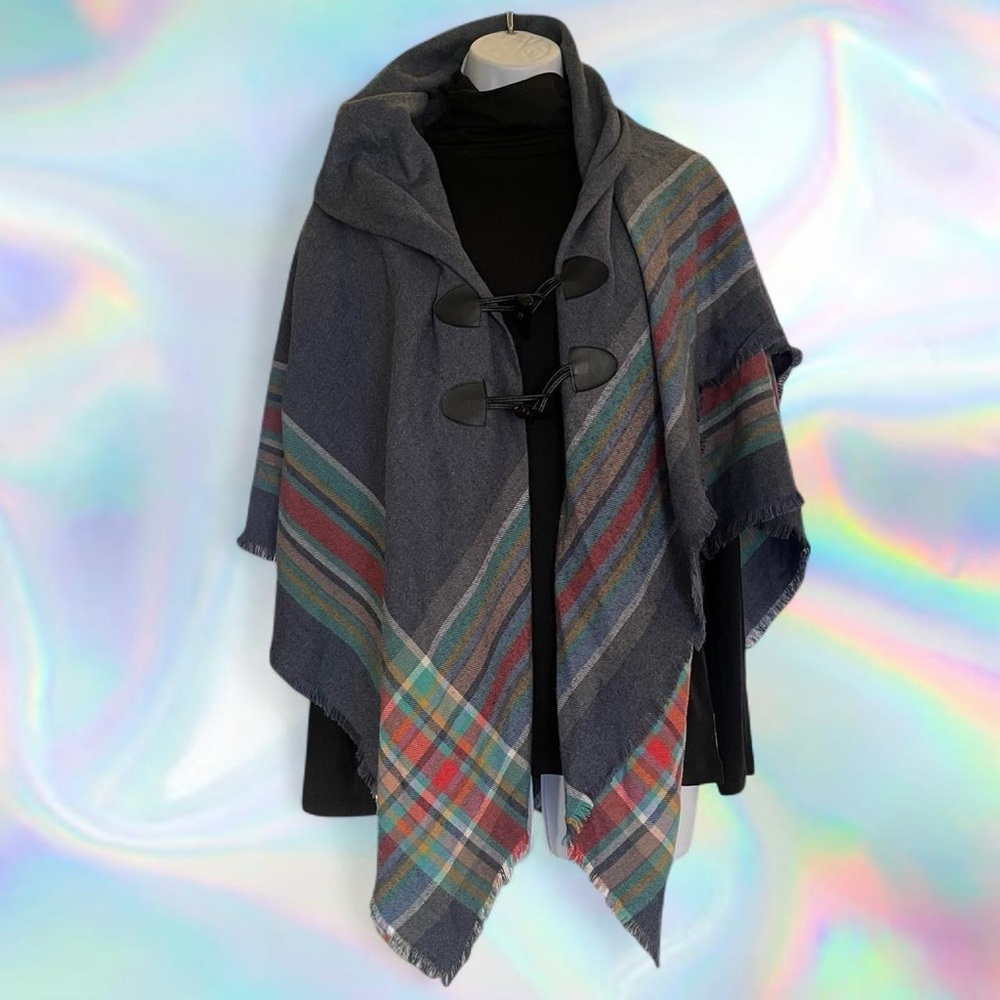 Plaid Hooded Poncho with Toggle Closures